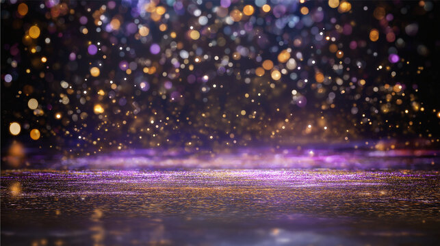 Glitter bokeh lights on dark background with copy space for festive design