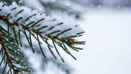 Vibrant green evergreen pine branch covered in fresh sparkling white snow and ice crystals Beautiful peaceful winter wonderland scene with falling snowflake - Powered by Adobe