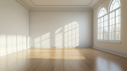 Obraz premium Empty room with large windows and sunlight on wooden floor with copy space