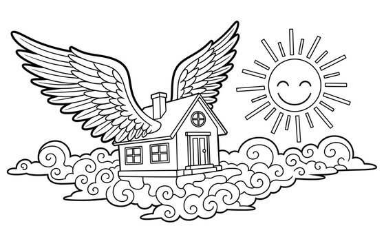 House with wings soaring above fluffy clouds, accompanied by a smiling sun, creating a whimsical and imaginative coloring page for creative expression and relaxation