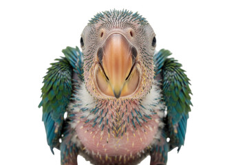 Close-up of a baby blue and green parrot PNG isolated on transparent background, exotic bird fledgling with developing feathers