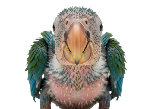 Close-up of a baby blue and green parrot PNG isolated on transparent background, exotic bird fledgling with developing feathers