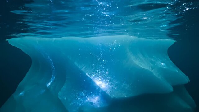 iceberg drift across ocean. water meets surface at horizon. underwater view reveals vast sculpted block. reflection repeats exact shape on calm sea. scale and volume remain clear in study now.