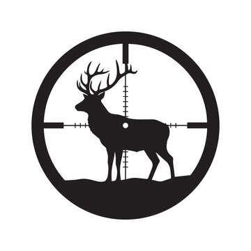 Deer hunting target in rifle scope crosshair. Buck silhouette view through gun sight optical lens vector illustration. Wild animal stag aiming point isolated on white background.
