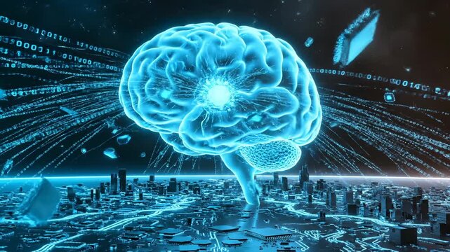 brain hologram floats over city. ai projects data into network. visualization maps city grid. map links node and model across grid. system links platform server and node. display renders model.