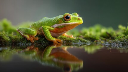Naklejka premium Green frog on moss