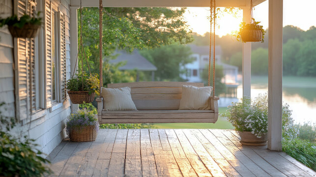 Golden hour on charming rustic porch swing overlooking serene lake, adorned with lush green plants and bathed in warm, tranquil sunlight
