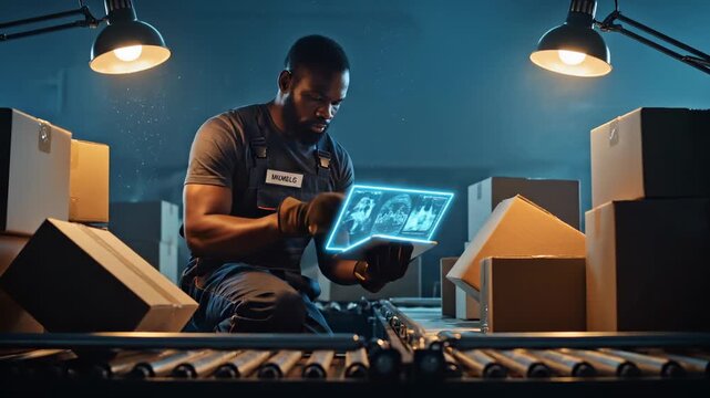 Man engineer inspect tablet. Engineer compare blueprint to conveyor. Engineer confirm label and update manifest. Warehouse workflow continue with verified task and sorted parcel. Staff follow list.