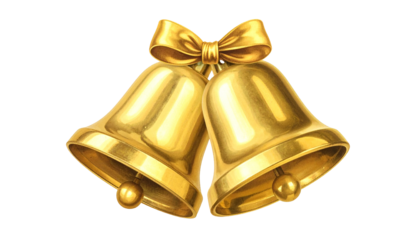 Pair of Golden Bells with Festive Gold Ribbon, Isolated on White Background
