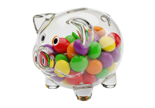 Glass piggy bank full of colorful candy isolated PNG, savings and investment concept on transparent background, financial planning - Powered by Adobe