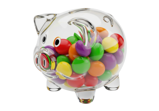 Glass piggy bank full of colorful candy isolated PNG, savings and investment concept on transparent background, financial planning