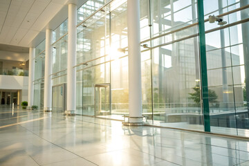Spacious lobby with floor-to-ceiling glass walls and warm sunlight illuminating the modern interior. Ideal for business, architecture, corporate environment, real estate promotion, and lifestyle conce