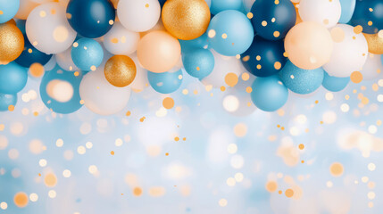 Festive background with cheerful cluster of blue, white, gold, and peach decorative spheres, enhanced by sparkling glitter, scattered confetti, and soft, dreamy bokeh lights.