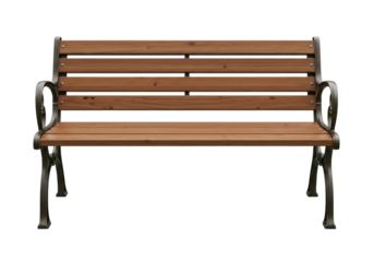 Wooden park bench isolated PNG, outdoor seating with metal frame on transparent background for garden and public spaces design