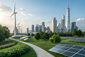 Sustainable cityscape combining wind turbines, solar panels, greenery, and modern skyscrapers. Perfect for themes of renewable energy, eco-technology, green future, innovation, and environmental solut