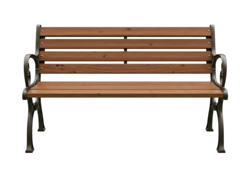 Wooden park bench isolated PNG, outdoor seating with metal frame on transparent background for garden and public spaces design
