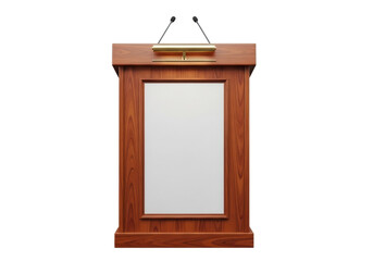 Wooden podium with microphones isolated PNG on transparent background, lectern for public speaking and presentations, conference stage furniture