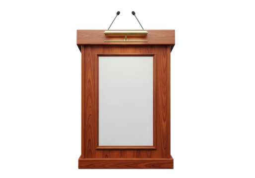 Wooden podium with microphones isolated PNG on transparent background, lectern for public speaking and presentations, conference stage furniture