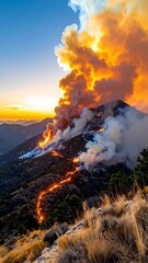 Fototapeta premium Wildfire Raging on Mountain Ridge at Sunset Devastating Forest Landscape Environmental Disaster and Natural Catastrophe.