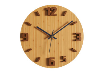 Wooden wall clock with raised numbers isolated PNG, modern minimalist design for home decor and timekeeping on transparent background