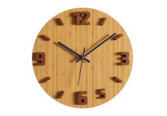 Wooden wall clock with raised numbers isolated PNG, modern minimalist design for home decor and timekeeping on transparent background