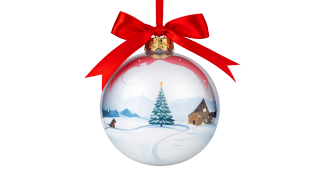 Clear Christmas ornament with snowy winter village scene, decorated tree, cozy house, and red satin ribbon on white background. - Powered by Adobe