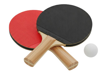 Two ping pong paddles and ball isolated PNG, red and black table tennis rackets on transparent...