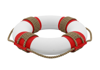 Red and white life buoy with rope isolated PNG, nautical safety equipment for swimming pool and maritime emergency rescue