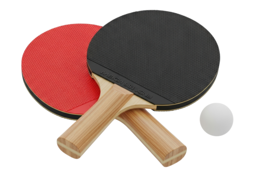 Two ping pong paddles and ball isolated PNG, red and black table tennis rackets on transparent background for sport and recreation