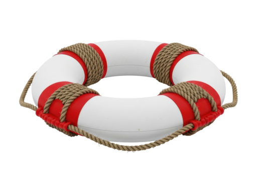 Red and white life buoy with rope isolated PNG, nautical safety equipment for swimming pool and maritime emergency rescue - Powered by Adobe