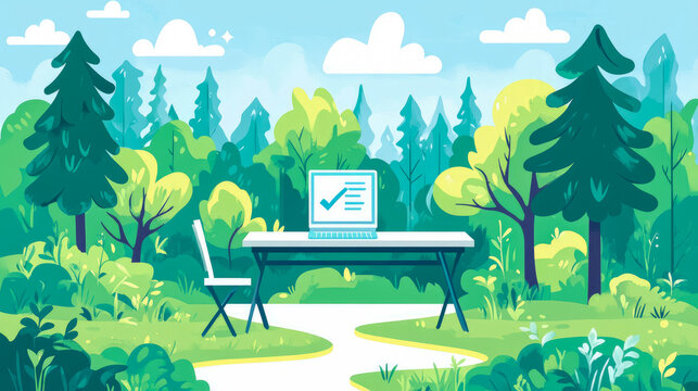 Vibrant illustration of modern outdoor workspace in serene forest, featuring laptop on white desk and chair, ideal for remote productivity and nature connection