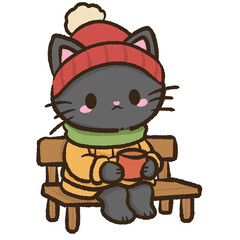 Kawaii black cat sitting on bench holding warm drink cozy winter illustration cute scarf and hat festive holiday scene adorable Christmas aesthetic