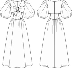 Romantic puff-sleeve dress fashion sketch, bow-front bodice illustration, elegant garment template, technical sewing pattern drawing, vintage-inspired clothing design for designers