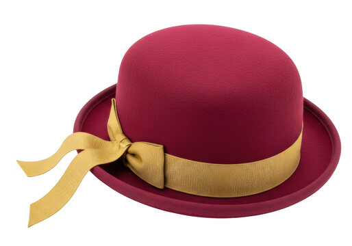 Elegant burgundy bowler hat with gold ribbon isolated PNG, vintage style headwear for fashion design and millinery projects