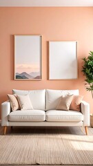 Fototapeta premium Neutral Home Interior with Sofa and Wall Art Mockup Featuring a Modern Living Space for a Relaxing Aesthetic.