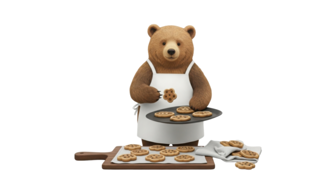 Teddy bear baking cookies wearing an apron isolated PNG with Transparent Background