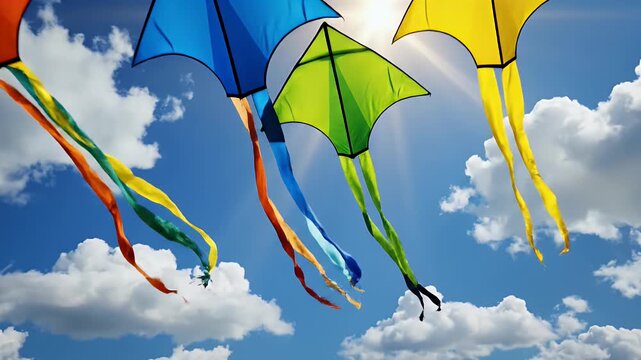 Colorful Kites Flying Against A Bright Blue Sky With Fluffy White Clouds and Sunburst