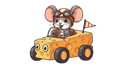 Cartoon mouse driving a cheese car isolated PNG with Transparent Background