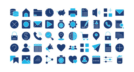 Multimedia option icon set collection. Containing share, apps, globe, search, document, picture, folder .Solid vector icons collection