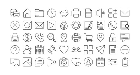Multimedia option icon set collection. Containing share, apps, globe, search, document, picture, folder .Line vector icons collection