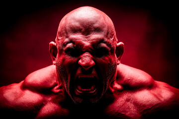 Intense expression of a muscular figure illuminated in red under harsh lighting Generative AI
