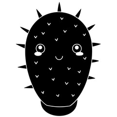 Cute kawaii spiky cactus character with happy face silhouette isolated on white background