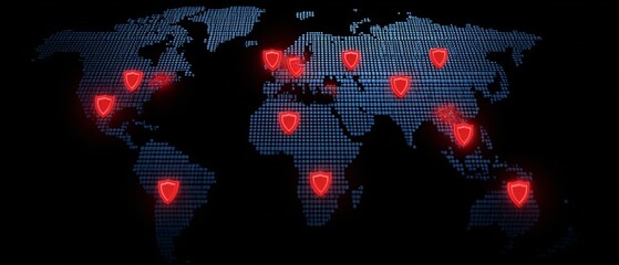 Global network map with cyber shields lit up,