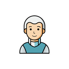 Stylized cartoon portrait of a man with white hair wearing a blue vest silhouette isolated on white background