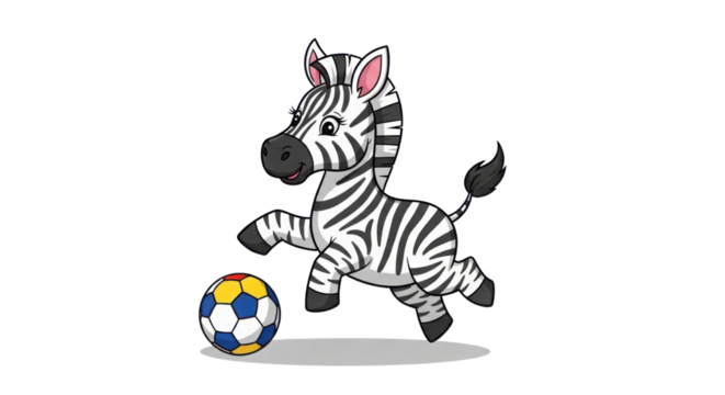 Cartoon zebra playing with soccer ball isolated PNG with Transparent Background