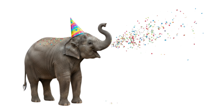 Elephant wearing birthday hat blowing confetti isolated PNG with Transparent Background - Powered by Adobe