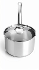 Shiny Stainless Steel Saucepan with Glass Lid on White Background Kitchenware Product Photography.