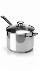 Stainless Steel Saucepan with Glass Lid Reflecting on White Background Kitchenware Product Photography.