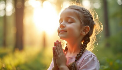 Young girl with braided hair clasped hands in prayer outdoors. Sun shines through forest trees as child prays with eyes closed. Peaceful moment of childhood gratitude and faith.