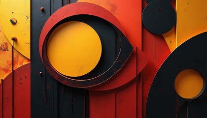 Abstract background with overlapping geometric shapes circles and angular elements in yellow red and black. Modern composition of layered planes.